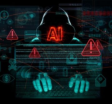 AI cyberattacks concept featuring a masked figure using a computer with AI and security warning symbols. AI cyberattacks concept featuring a masked figure using a computer with AI and security warning symbols.