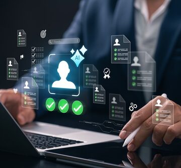 A professional using AI software to screen and review candidate resumes.