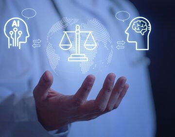 A person holding a digital sphere with a scales of justice icon, positioned between icons representing a robot head (AI) and a human head. A person holding a digital sphere with a scales of justice icon, positioned between icons representing a robot head (AI) and a human head.