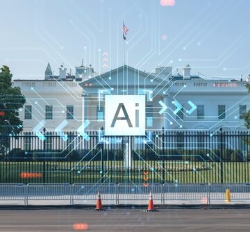 The White House south facade overlaid with stylized digital graphics, circuit paths, and an "AI" hologram.