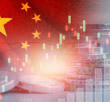 Conceptual graphic overlaying a candlestick price chart and stacks of coins onto the national flag of China. AI DEMAND DRIVES CHINA’S EXPORT GAINS IN JUNE