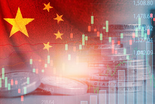 Conceptual graphic overlaying a candlestick price chart and stacks of coins onto the national flag of China. AI DEMAND DRIVES CHINA’S EXPORT GAINS IN JUNE
