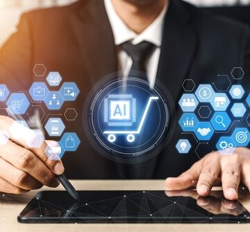 A businessman interacting with a tablet displaying artificial intelligence and business commerce graphics. A businessman interacting with a tablet displaying artificial intelligence and business commerce graphics.
