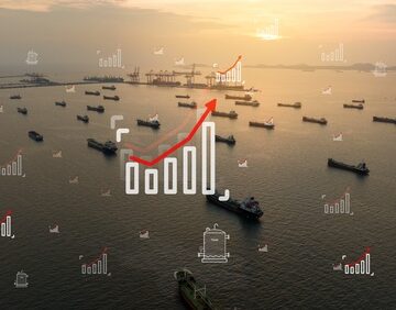 Oil tankers parked in the closed Strait of Hormuz overlaid with icons of rising graphs and oil barrels. Oil tankers parked in the closed Strait of Hormuz overlaid with icons of rising graphs and oil barrels.