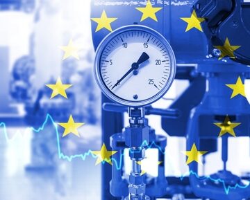 An industrial pressure gauge overlaid with the European Union flag and a fluctuating trend line.