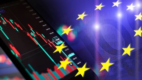 Digital concept image highlights European financial markets, depicting a digital candlestick chart on a smartphone overlaid with the stars of the European Union flag.