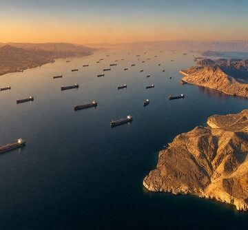 Aerial view of oil tankers navigating a strategically blocked Strait of Hormuz. Aerial view of oil tankers navigating a strategically blocked Strait of Hormuz.