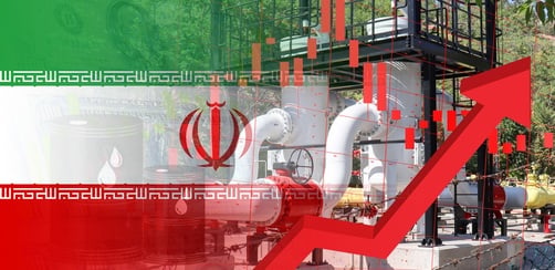 Concept photo depicting rising energy and fuel prices showing the flag of Iran, oil pumps, and an erratic data graph. Concept photo depicting rising energy and fuel prices showing the flag of Iran, oil pumps, and an erratic data graph.