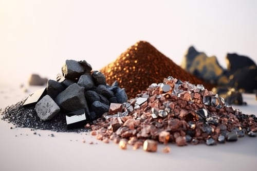 Small piles of rare earth elements and critical minerals, which are essential for producing high-tech devices like smartphones, electric vehicles, and satellites.
