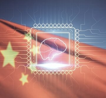 Double exposure representing artificial intelligence advancements within China, featuring a brain-shaped hologram overlaid on a microchip circuit. Double exposure representing artificial intelligence advancements within China, featuring a brain-shaped hologram overlaid on a microchip circuit.
