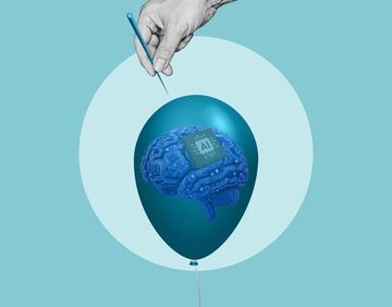 Conceptual illustration of "artificial intelligence bubble" depicted by a hand holding a needle about to pop a balloon that contains a digital human brain. Conceptual illustration of "artificial intelligence bubble" depicted by a hand holding a needle about to pop a balloon that contains a digital human brain.