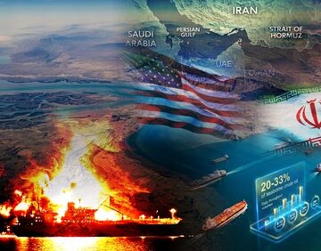 Conceptual illustration of the Strait of Hormuz conflict depicting military tensions in the region, including the U.S. and Iranian flags, burning oil tankers, computer models, and a map of the region. Conceptual illustration of the Strait of Hormuz conflict depicting military tensions in the region, including the U.S. and Iranian flags, burning oil tankers, computer models, and a map of the region.