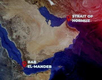 A map highlighting two critical maritime chokepoints in the Middle East: the Strait of Hormuz and the Bab el-Mandeb. A map highlighting two critical maritime chokepoints in the Middle East: the Strait of Hormuz and the Bab el-Mandeb.