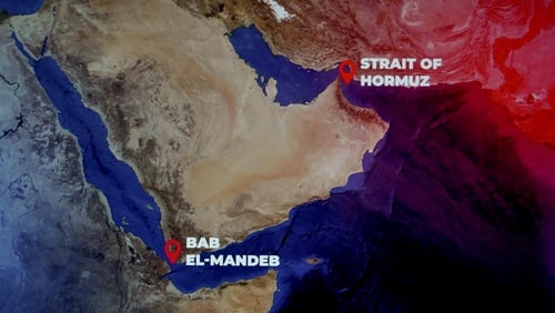 A map highlighting two critical maritime chokepoints in the Middle East: the Strait of Hormuz and the Bab el-Mandeb.