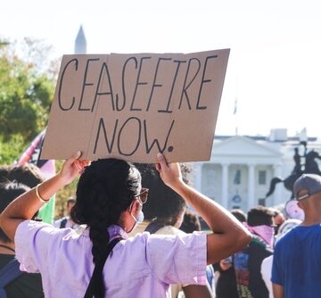 Demonstrators rallying for a Gaza ceasefire outside the White House in Washington, D.C. Demonstrators rallying for a Gaza ceasefire outside the White House in Washington, D.C.