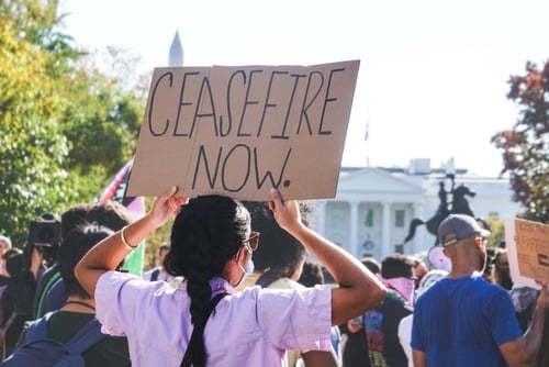 Demonstrators rallying for a Gaza ceasefire outside the White House in Washington, D.C.