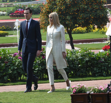 Ivanka Trump is pictured walking with her husband Jared Kushner in the gardens of Hyderabad House in New Delhi, India, during their visit on February 25, 2020. Ivanka Trump is pictured walking with her husband Jared Kushner in the gardens of Hyderabad House in New Delhi, India, during their visit on February 25, 2020.