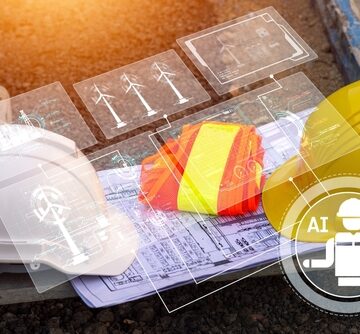 Concept image of artificial intelligence (AI) integrated into construction project management, featuring hard hats and blueprints. Concept image of artificial intelligence (AI) integrated into construction project management, featuring hard hats and blueprints.