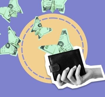 Creative collage features origami butterflies made from U.S. dollar bills flying out of a black wallet.