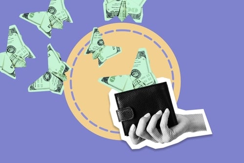 Creative collage features origami butterflies made from U.S. dollar bills flying out of a black wallet.