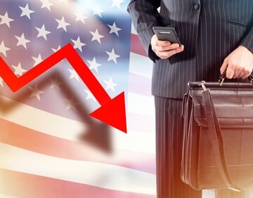 Digital montage of a businessman holding a briefcase and a smartphone, and a prominent red arrow pointing downward over a blurred American flag.