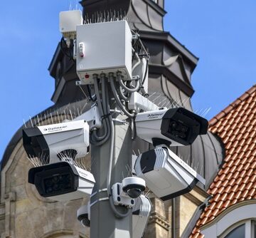 A Dallmeier electronic surveillance pole featuring multiple high-tech CCTV cameras located in the city center of Erfurt, Germany. A Dallmeier electronic surveillance pole featuring multiple high-tech CCTV cameras located in the city center of Erfurt, Germany.