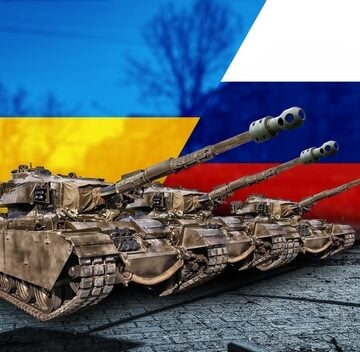 Composite illustration showing tanks, likely being Centurion-based variants like the Sho't Kal Gimel, against a backdrop of Ukrainian and Russian flags. Composite illustration showing tanks, likely being Centurion-based variants like the Sho't Kal Gimel, against a backdrop of Ukrainian and Russian flags.