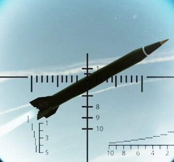 A military missile viewed through an air defense targeting viewfinder. A military missile viewed through an air defense targeting viewfinder.