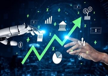A robotic hand and a human hand touch near a glowing upward-trending chart, financial symbols, floating neon bar charts, pie charts, banking infrastructure, and currency symbols. A robotic hand and a human hand touch near a glowing upward-trending chart, financial symbols, floating neon bar charts, pie charts, banking infrastructure, and currency symbols.