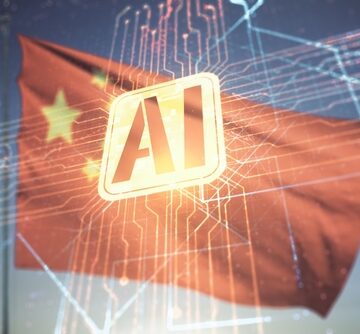 Double exposure image of an AI icon over the flag of China. Double exposure image of an AI icon over the flag of China.