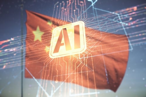 Double exposure image of an AI icon over the flag of China. Double exposure image of an AI icon over the flag of China.
