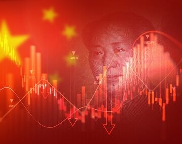 Conceptual illustration blending the national flag of China, a portrait of Mao Zedong, and a downward-trending stock market financial chart overlay. Conceptual illustration blending the national flag of China, a portrait of Mao Zedong, and a downward-trending stock market financial chart overlay.