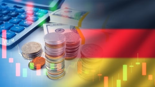 Concept representation of the German economy, overlaying financial charts, currency, and a calculator with the German national flag. Concept representation of the German economy, overlaying financial charts, currency, and a calculator with the German national flag.