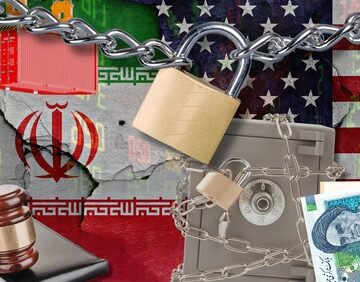 Conceptual illustration of trade restrictions and economic sanctions enforced by the U.S. against Iran, featuring national flags, locked assets, and currency. Conceptual illustration of trade restrictions and economic sanctions enforced by the U.S. against Iran, featuring national flags, locked assets, and currency.