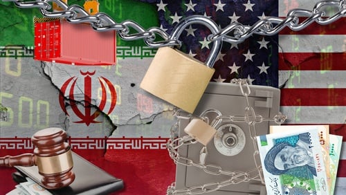 Conceptual illustration of trade restrictions and economic sanctions enforced by the U.S. against Iran, featuring national flags, locked assets, and currency. Conceptual illustration of trade restrictions and economic sanctions enforced by the U.S. against Iran, featuring national flags, locked assets, and currency.