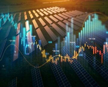 A conceptual photo illustrating green energy investment and market trends, featuring financial trading graphs and candlestick charts overlaid on a solar farm. A conceptual photo illustrating green energy investment and market trends, featuring financial trading graphs and candlestick charts overlaid on a solar farm.