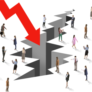 Concept illustration of economic crisis with a large red downward arrow pointing toward a large crack in the ground surrounded by people dressed in business attire are scattered around the crack.
