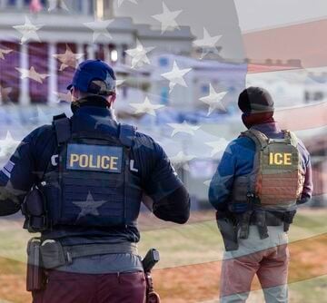 Double-exposure of a local police officer standing next to a U.S. Immigration and Customs Enforcement (ICE) agent in front of the U.S. Capitol with an overlay of the U.S. flag.