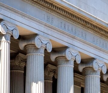 The columns of the United States Department of the Treasury building in Washington, D.C.
