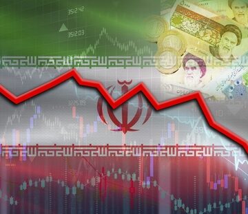 Concept image of the Iranian flag layered beneath a plummeting financial line chart alongside depreciating Iranian banknotes and coins.