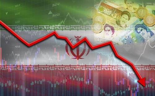Concept image of the Iranian flag layered beneath a plummeting financial line chart alongside depreciating Iranian banknotes and coins. Concept image of the Iranian flag layered beneath a plummeting financial line chart alongside depreciating Iranian banknotes and coins.