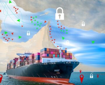 Image of fully loaded container ship, padlock, and a map with data points illustrate disruptions and security choke points in Middle East maritime trade routes, specifically highlighting the Strait of Hormuz.