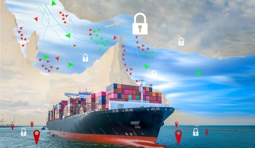 Image of fully loaded container ship, padlock, and a map with data points illustrate disruptions and security choke points in Middle East maritime trade routes, specifically highlighting the Strait of Hormuz. Image of fully loaded container ship, padlock, and a map with data points illustrate disruptions and security choke points in Middle East maritime trade routes, specifically highlighting the Strait of Hormuz.