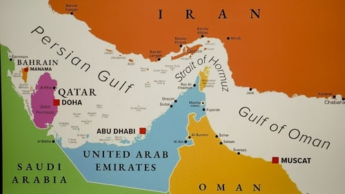 Close-up view of a map featuring the Strait of Hormuz, a vital 33-kilometer-wide maritime chokepoint located between Iran to the north and Oman/UAE to the south. Close-up view of a map featuring the Strait of Hormuz, a vital 33-kilometer-wide maritime chokepoint located between Iran to the north and Oman/UAE to the south.