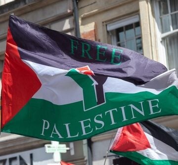 A modified variant of the Palestinian flag adorned with protest symbols, captured during a demonstration. A modified variant of the Palestinian flag adorned with protest symbols, captured during a demonstration.