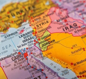 A detailed, close-up political map of the Middle East, highlighting countries like Syria, Israel, Jordan, and Iraq. A detailed, close-up political map of the Middle East, highlighting countries like Syria, Israel, Jordan, and Iraq.