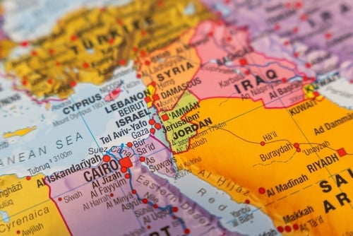 A detailed, close-up political map of the Middle East, highlighting countries like Syria, Israel, Jordan, and Iraq. A detailed, close-up political map of the Middle East, highlighting countries like Syria, Israel, Jordan, and Iraq.