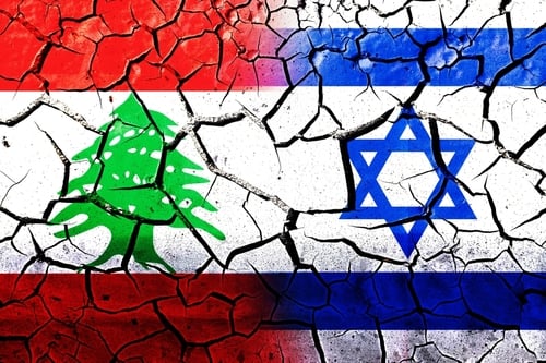 Conceptual graphic combining the flags of Lebanon and Israel overlaid on a dry, cracked, and fractured surface, symbolizing political tension, conflict, and fractured relations between the two nations. Conceptual graphic combining the flags of Lebanon and Israel overlaid on a dry, cracked, and fractured surface, symbolizing political tension, conflict, and fractured relations between the two nations.