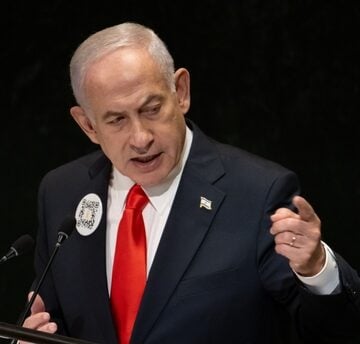 Israeli Prime Minister Benjamin Netanyahu delivering a defiant address at the United Nations General Assembly.