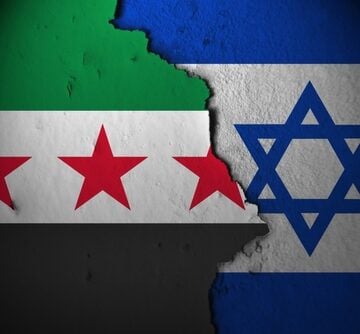 Concept graphic of the national flags of Syria and Israel split by a jagged, cracked boundary. Concept graphic of the national flags of Syria and Israel split by a jagged, cracked boundary.